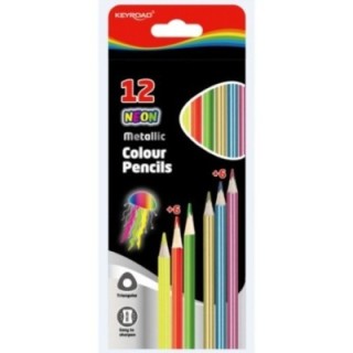Kredki ołówkowe KEYROAD, trójkątne, meta liczne i neonowe, 12szt., mix kolorów