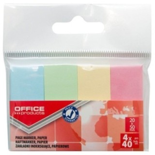 Zakładki indeksujące OFFICE PRODUCTS, papier, 20x50mm, 4x40 kart., zawieszka, mix kolorów pastel