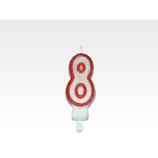 Świeczka - CYFERKA "8", czerwona obwódka z brokatem, cena za 1 szt.