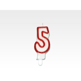 Świeczka - CYFERKA "5", czerwona obwódka z brokatem, cena za 1 szt.