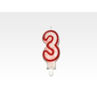 Świeczka - CYFERKA "3", czerwona obwódka z brokatem, cena za 1 szt.