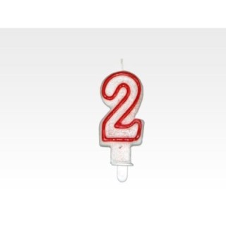 Świeczka CYFERKA "2" czerw. obw.+ brokat