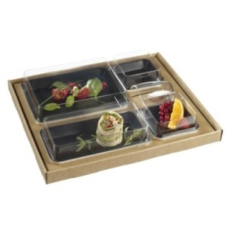 Lunch Set - Kanopee 4 czarne tacki 366x295x65mm, 30 kpl. pokrywki rPET